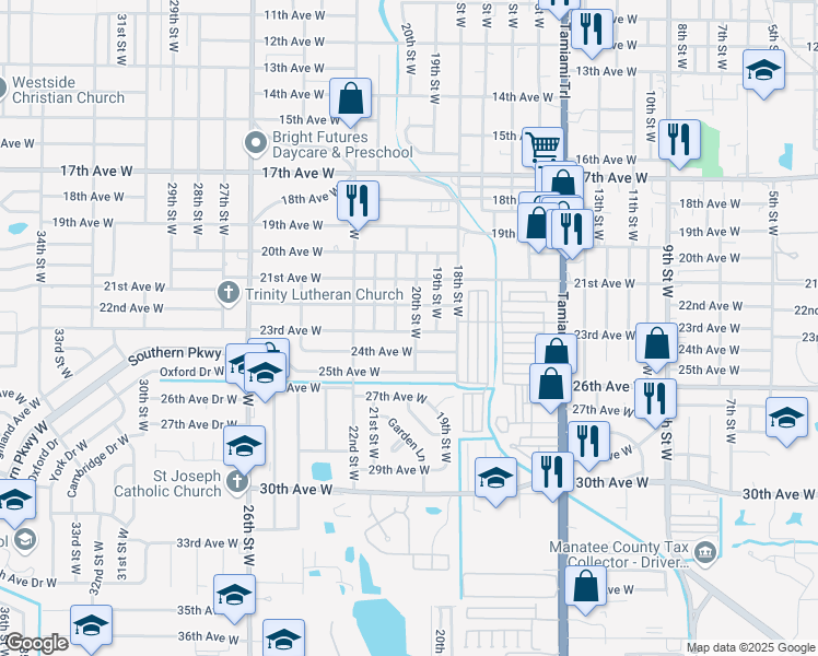 map of restaurants, bars, coffee shops, grocery stores, and more near 2002 23rd Avenue West in Bradenton