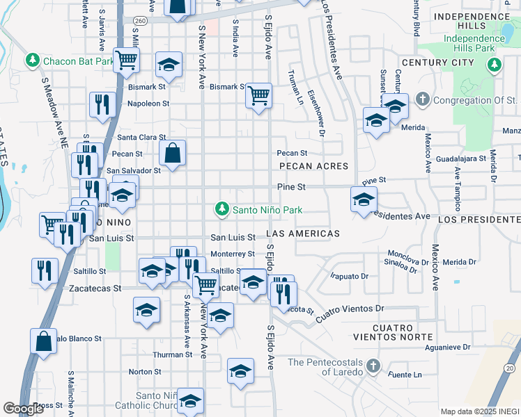 map of restaurants, bars, coffee shops, grocery stores, and more near 1904 Smith Street in Laredo