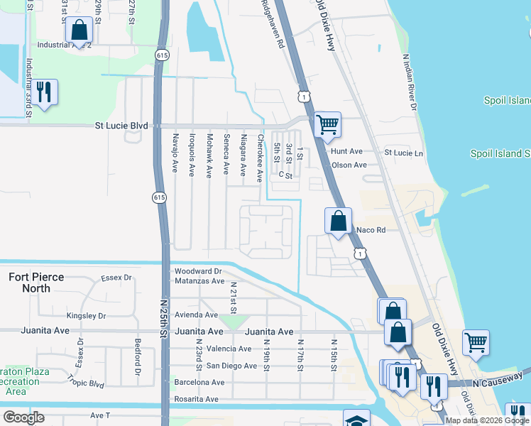 map of restaurants, bars, coffee shops, grocery stores, and more near 118-170 North Erie Drive in Fort Pierce