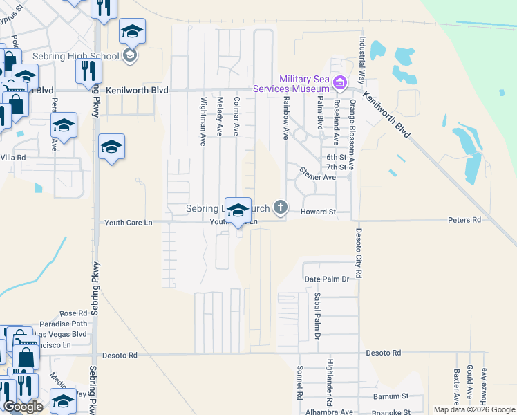 map of restaurants, bars, coffee shops, grocery stores, and more near 1500 Las Villas Boulevard in Sebring