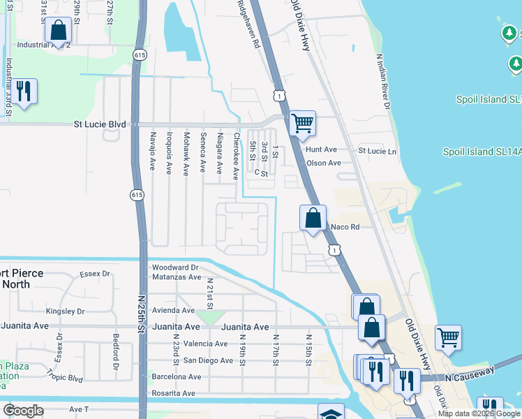 map of restaurants, bars, coffee shops, grocery stores, and more near 118-170 North Erie Drive in Fort Pierce