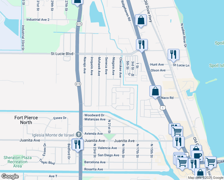 map of restaurants, bars, coffee shops, grocery stores, and more near 104 Yuma Way in Fort Pierce