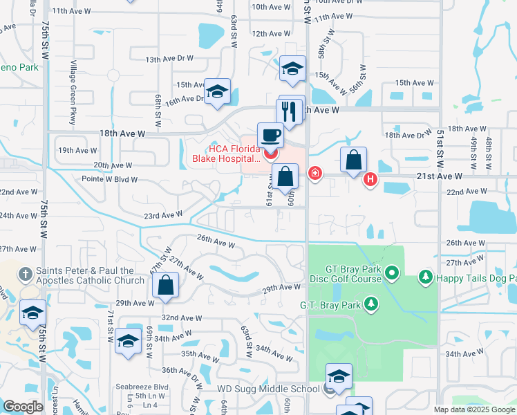 map of restaurants, bars, coffee shops, grocery stores, and more near 6101 Pointe West Boulevard West in Bradenton