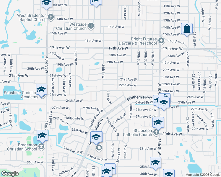 map of restaurants, bars, coffee shops, grocery stores, and more near 3208 22nd Avenue West in Bradenton