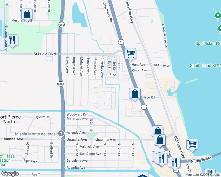 map of restaurants, bars, coffee shops, grocery stores, and more near 125 North Erie Drive in Fort Pierce