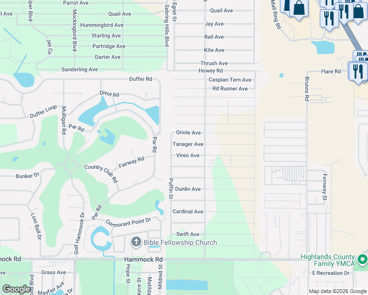 map of restaurants, bars, coffee shops, grocery stores, and more near 325 Tanager Avenue in Sebring
