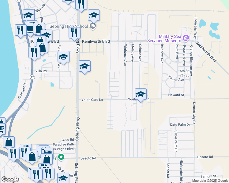 map of restaurants, bars, coffee shops, grocery stores, and more near Stephanie Lane in Sebring