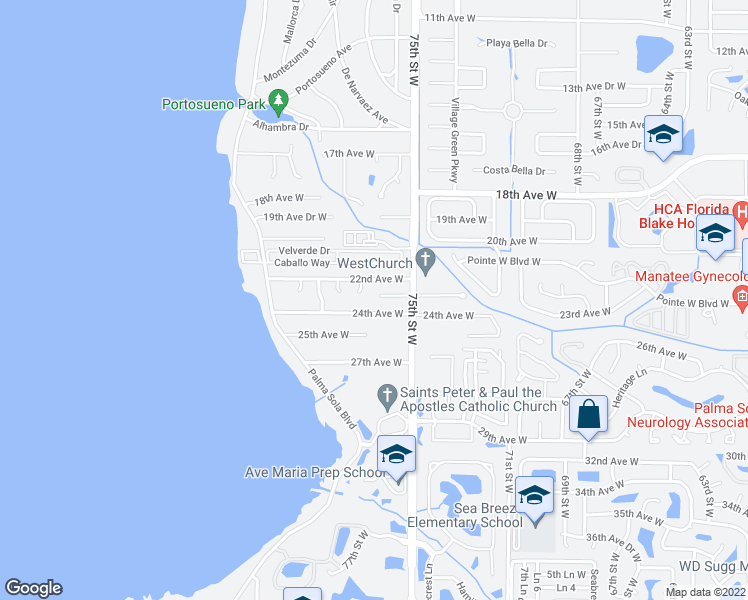 map of restaurants, bars, coffee shops, grocery stores, and more near 7518 23rd Avenue Drive West in Bradenton