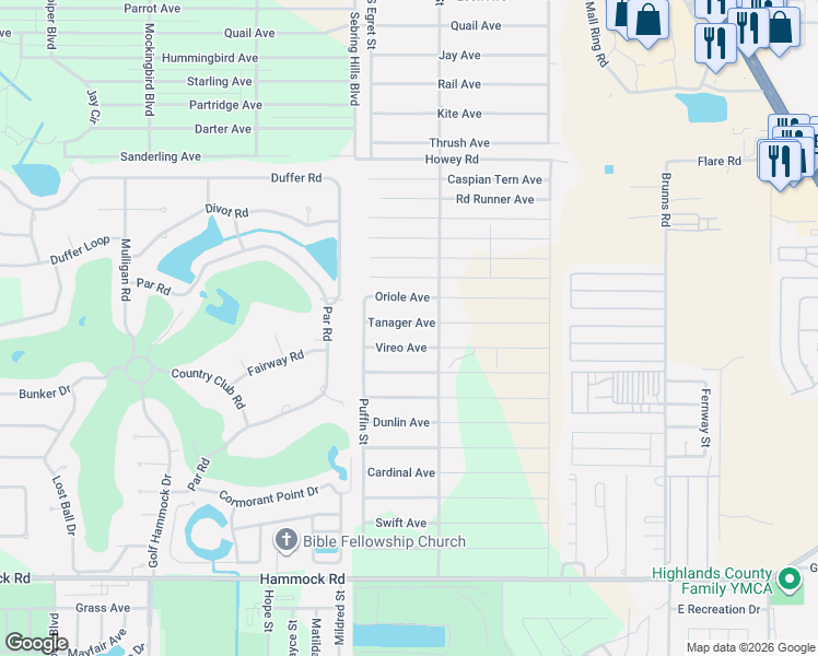 map of restaurants, bars, coffee shops, grocery stores, and more near 325 Tanager Avenue in Sebring