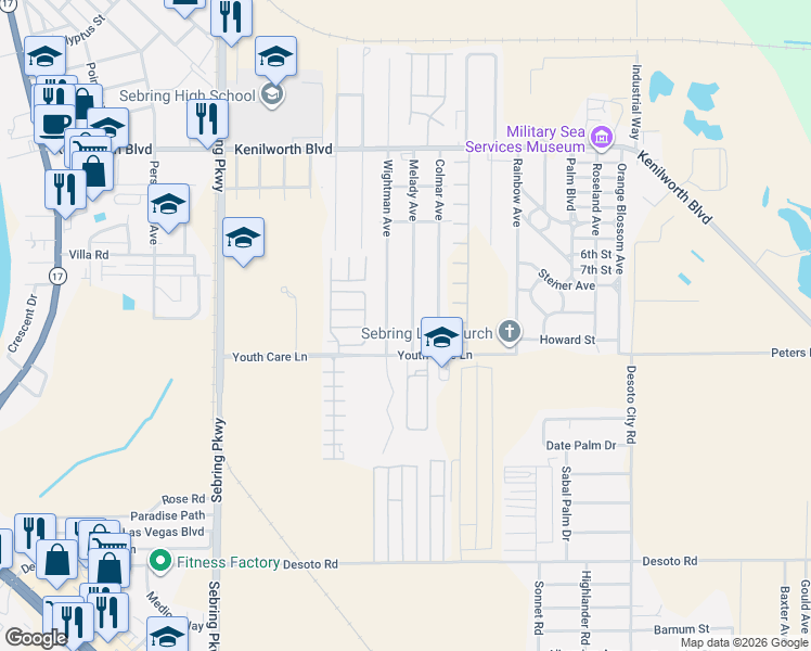 map of restaurants, bars, coffee shops, grocery stores, and more near 2021 Melady Avenue in Sebring