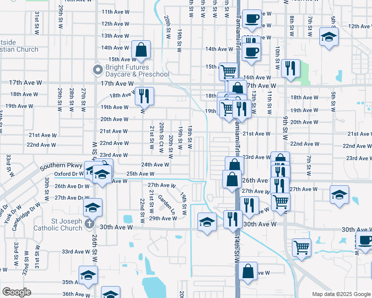 map of restaurants, bars, coffee shops, grocery stores, and more near 2203 18th Street West in Bradenton