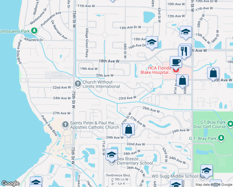 map of restaurants, bars, coffee shops, grocery stores, and more near 6802 22nd Avenue West in Bradenton