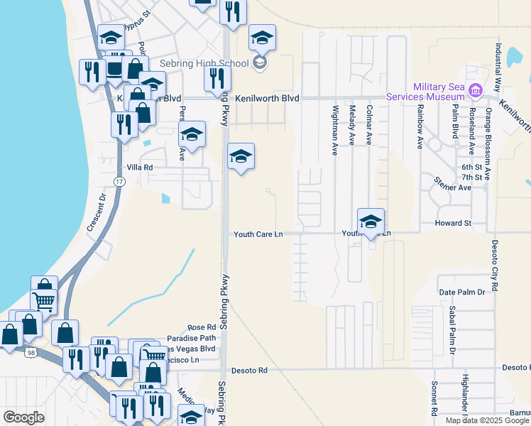 map of restaurants, bars, coffee shops, grocery stores, and more near 3550 Youth Care Lane in Sebring