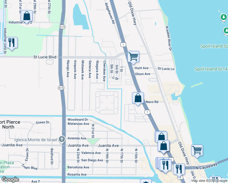 map of restaurants, bars, coffee shops, grocery stores, and more near 118 North Erie Drive in Fort Pierce