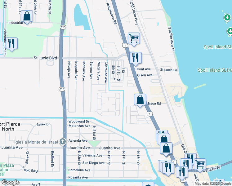 map of restaurants, bars, coffee shops, grocery stores, and more near 118-170 North Erie Drive in Fort Pierce