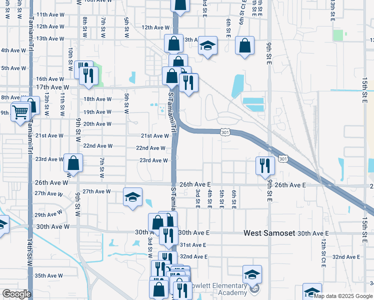 map of restaurants, bars, coffee shops, grocery stores, and more near 2108 3rd Street East in Bradenton