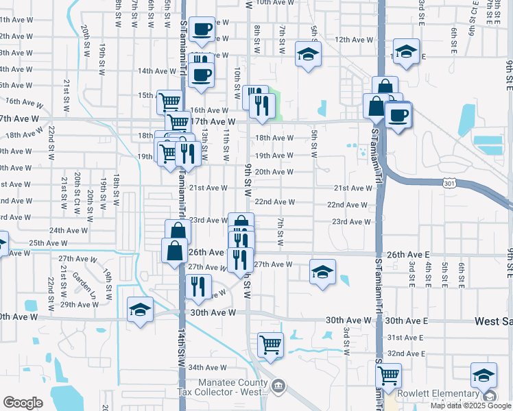 map of restaurants, bars, coffee shops, grocery stores, and more near 819 22nd Avenue West in Bradenton