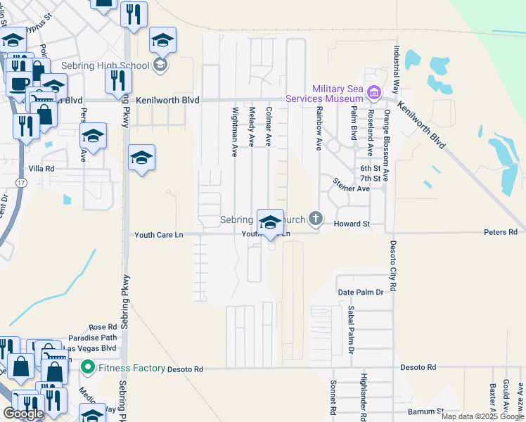 map of restaurants, bars, coffee shops, grocery stores, and more near in Sebring
