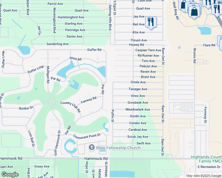 map of restaurants, bars, coffee shops, grocery stores, and more near 1813 Puffin Street in Sebring