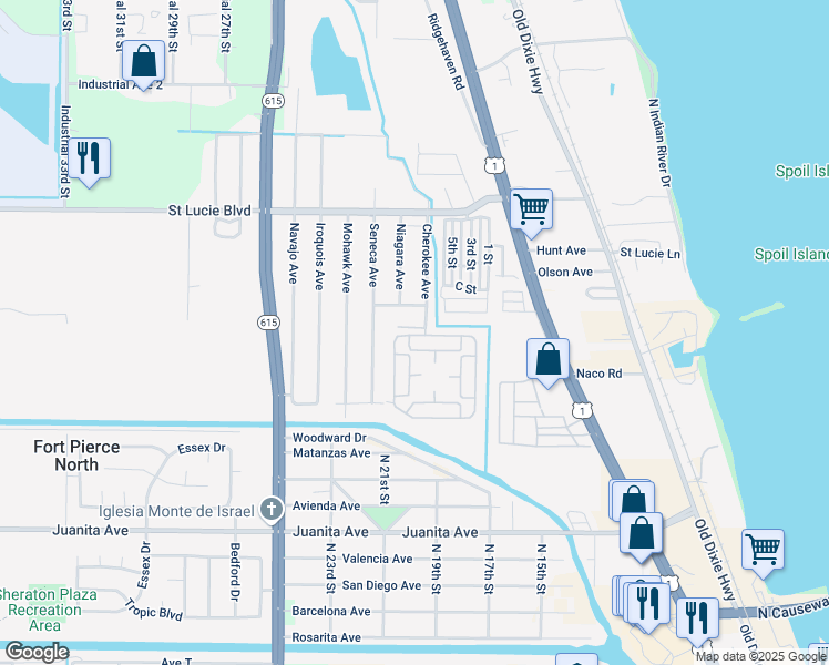 map of restaurants, bars, coffee shops, grocery stores, and more near 104 Yuma Way in Fort Pierce