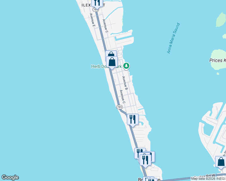 map of restaurants, bars, coffee shops, grocery stores, and more near 2313 Gulf Drive North in Bradenton Beach