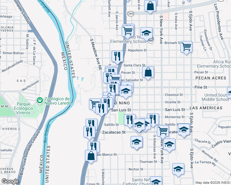 map of restaurants, bars, coffee shops, grocery stores, and more near 1909 South Jarvis Avenue in Laredo