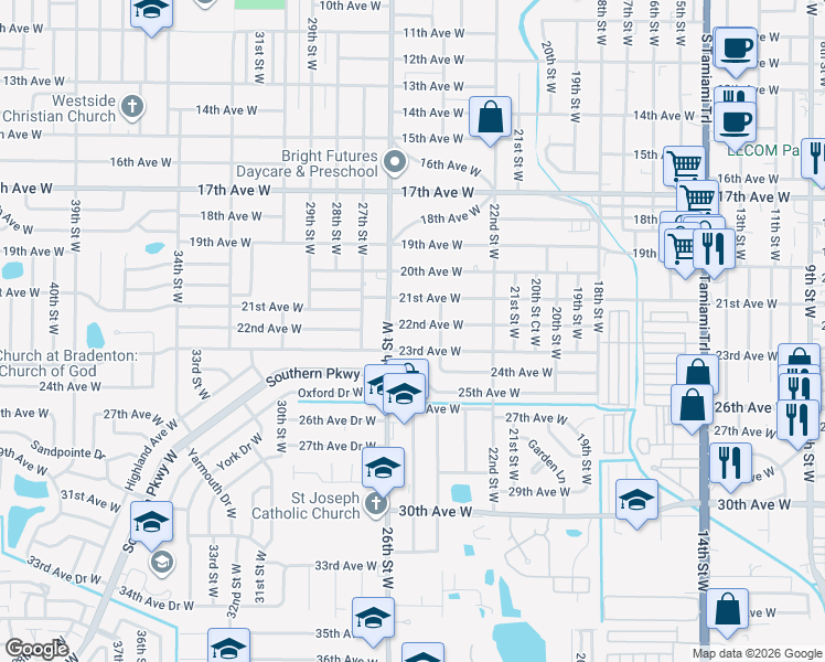 map of restaurants, bars, coffee shops, grocery stores, and more near 2501 22nd Avenue West in Bradenton