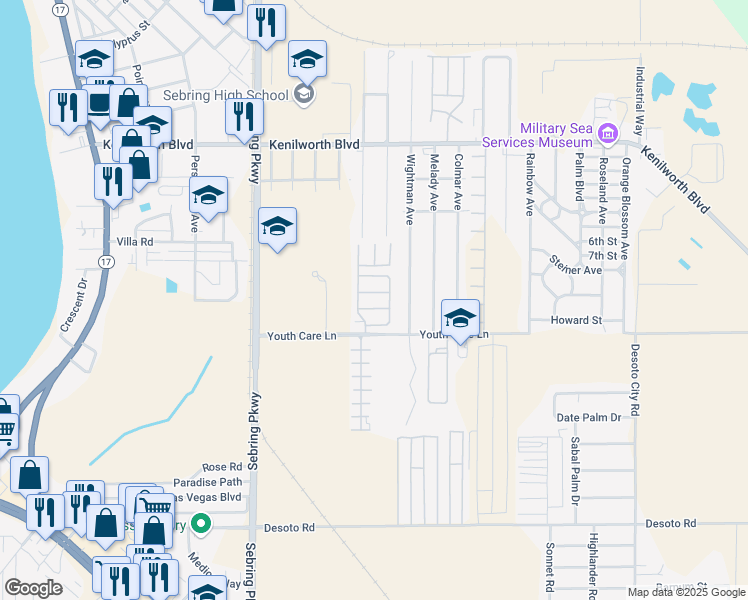 map of restaurants, bars, coffee shops, grocery stores, and more near 104 Shannon Way in Sebring