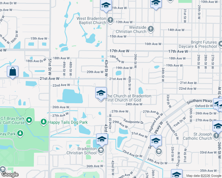 map of restaurants, bars, coffee shops, grocery stores, and more near 2208 42nd Street West in Bradenton