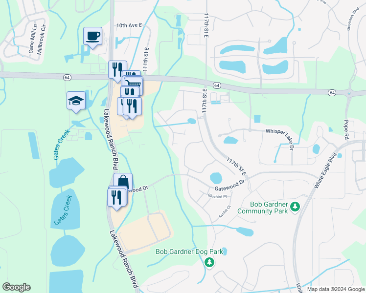 map of restaurants, bars, coffee shops, grocery stores, and more near 11438 Apple Tree Circle in Bradenton