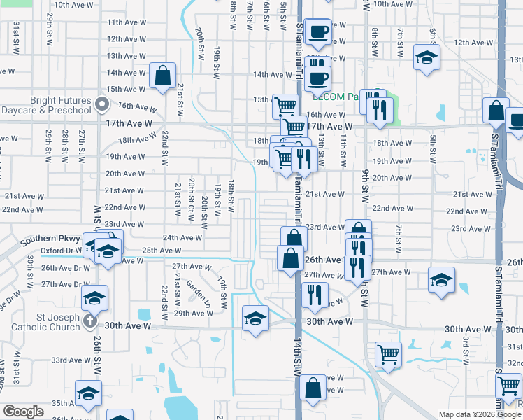 map of restaurants, bars, coffee shops, grocery stores, and more near 2203 16th Street Court West in Bradenton