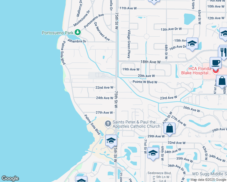 map of restaurants, bars, coffee shops, grocery stores, and more near 2215 75th Street West in Bradenton
