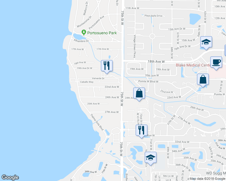 map of restaurants, bars, coffee shops, grocery stores, and more near 7518 23rd Avenue Drive West in Bradenton