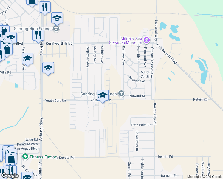 map of restaurants, bars, coffee shops, grocery stores, and more near 1500 Las Villas Boulevard in Sebring
