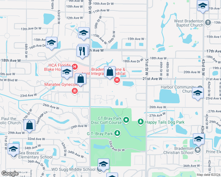 map of restaurants, bars, coffee shops, grocery stores, and more near 5525 21st Avenue West in Bradenton