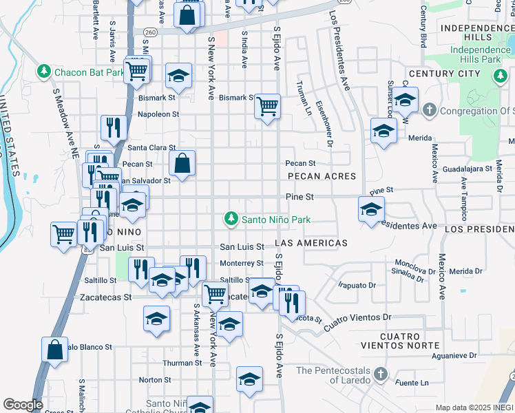 map of restaurants, bars, coffee shops, grocery stores, and more near 1904 Smith Street in Laredo