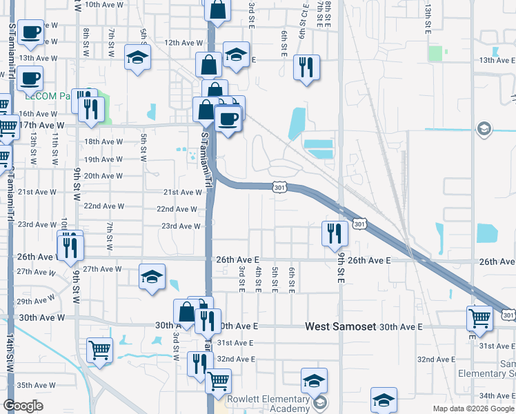 map of restaurants, bars, coffee shops, grocery stores, and more near 2120 4th Street East in Bradenton