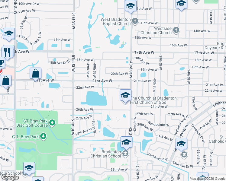 map of restaurants, bars, coffee shops, grocery stores, and more near 4507 22nd Avenue West in Bradenton