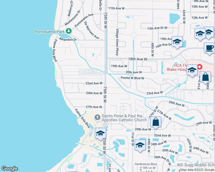 map of restaurants, bars, coffee shops, grocery stores, and more near 2215 75th Street West in Bradenton