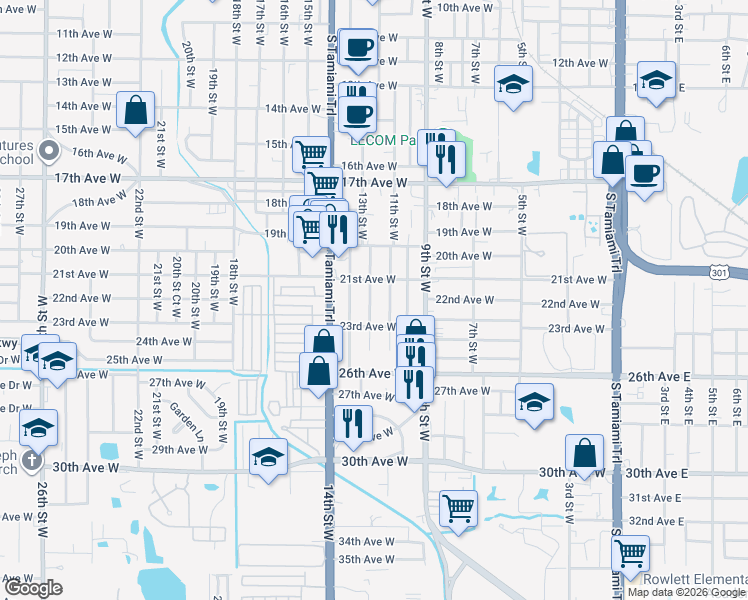 map of restaurants, bars, coffee shops, grocery stores, and more near 2175 12th Street West in Bradenton