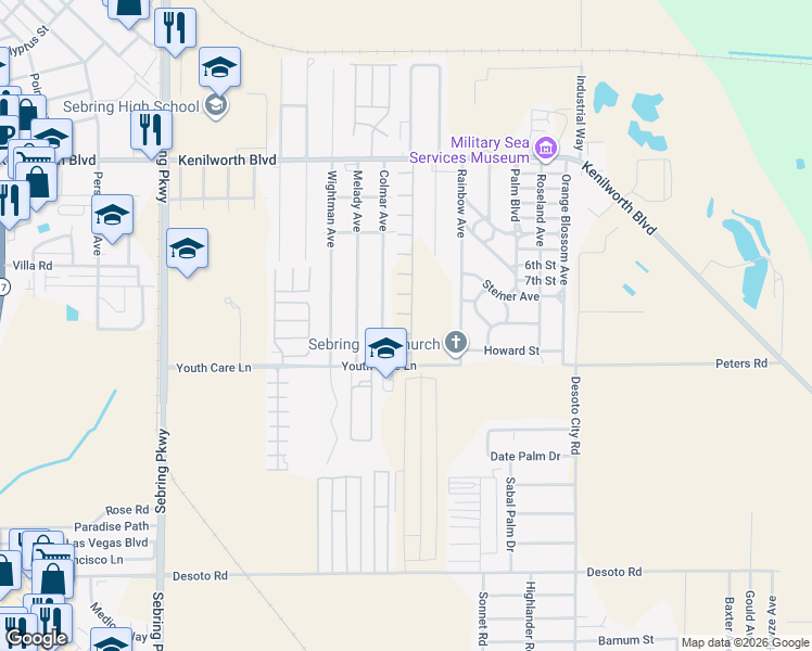 map of restaurants, bars, coffee shops, grocery stores, and more near in Sebring