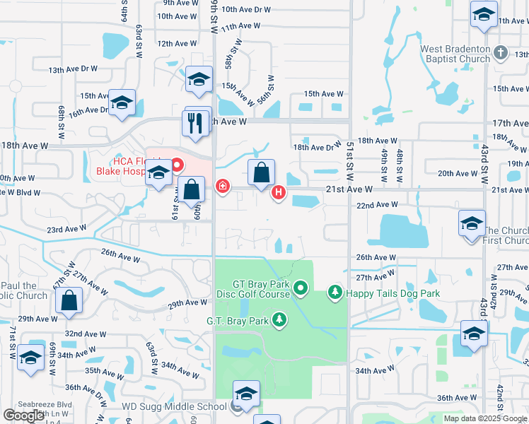 map of restaurants, bars, coffee shops, grocery stores, and more near 5525 21st Avenue West in Bradenton