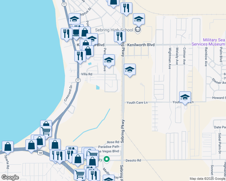 map of restaurants, bars, coffee shops, grocery stores, and more near 1379 Spinks Lane in Sebring
