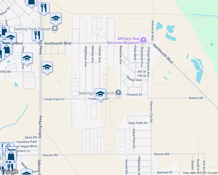 map of restaurants, bars, coffee shops, grocery stores, and more near 1500 Las Villas Boulevard in Sebring