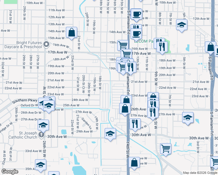 map of restaurants, bars, coffee shops, grocery stores, and more near 2203 16th Street Court West in Bradenton