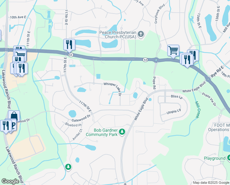 map of restaurants, bars, coffee shops, grocery stores, and more near 12331 Half Moon Lake Terrace in Bradenton