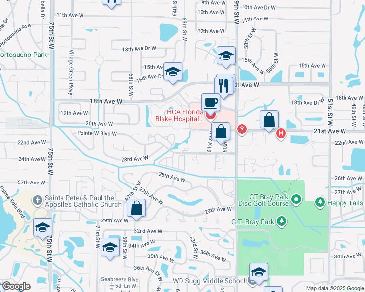 map of restaurants, bars, coffee shops, grocery stores, and more near 6304 Pointe West Boulevard West in Bradenton
