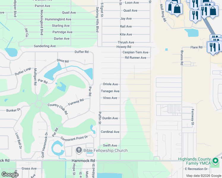 map of restaurants, bars, coffee shops, grocery stores, and more near 325 Tanager Avenue in Sebring