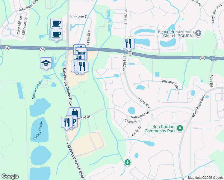 map of restaurants, bars, coffee shops, grocery stores, and more near 11438 Apple Tree Circle in Bradenton