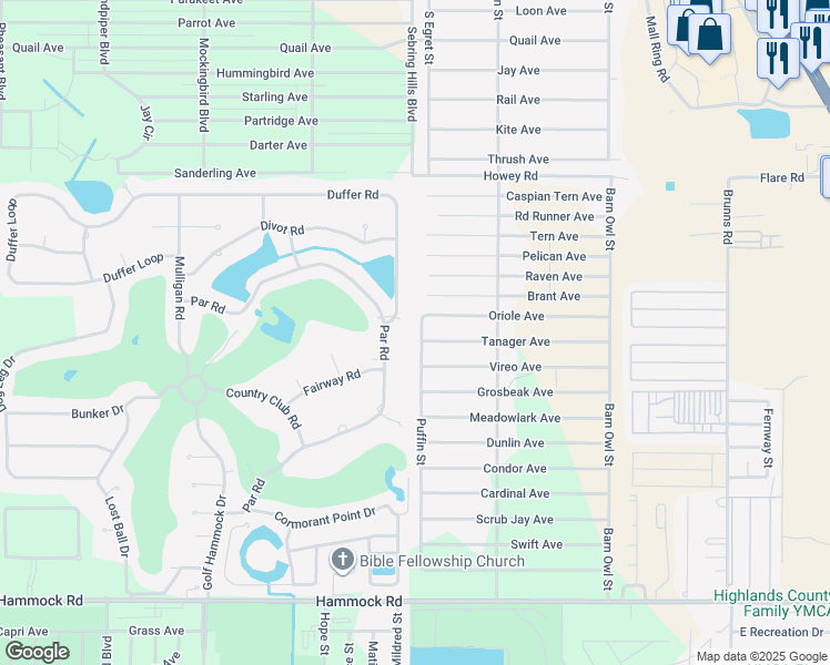 map of restaurants, bars, coffee shops, grocery stores, and more near 1813 Puffin Street in Sebring